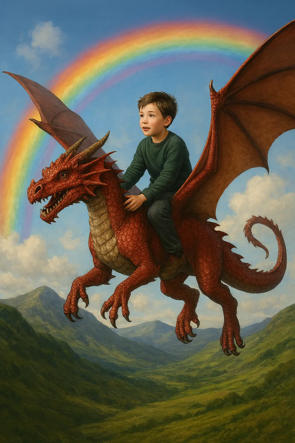 Child riding a red dragon beneath a rainbow