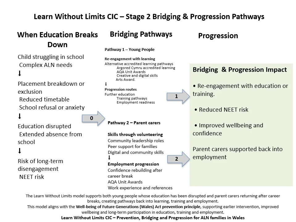 Diagram showing the journey from education breakdown to bridging pathways and longer-term progression