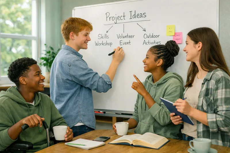 Young people planning project ideas together on a whiteboard
