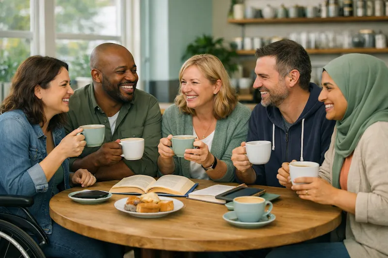 Parents and carers sharing coffee in a relaxed community setting