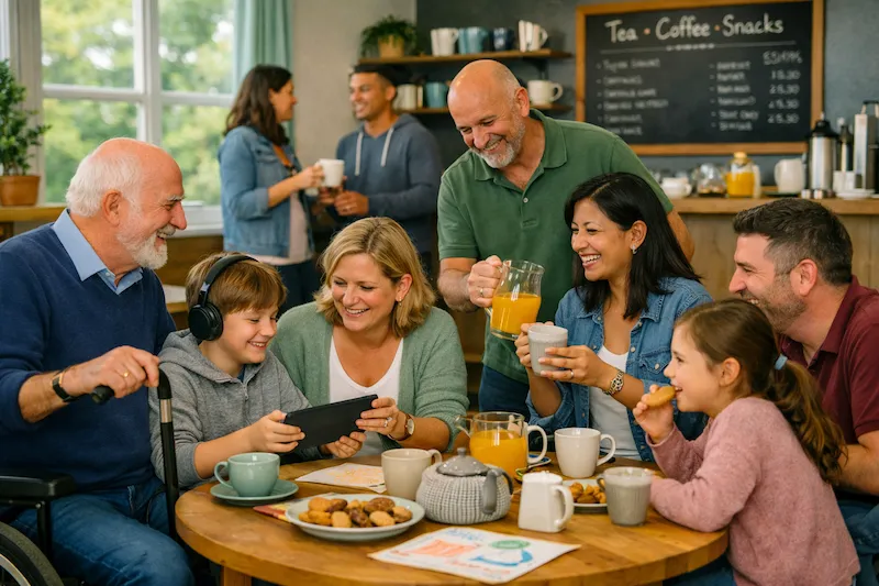 Parents, carers and children sharing drinks and snacks at a relaxed community event