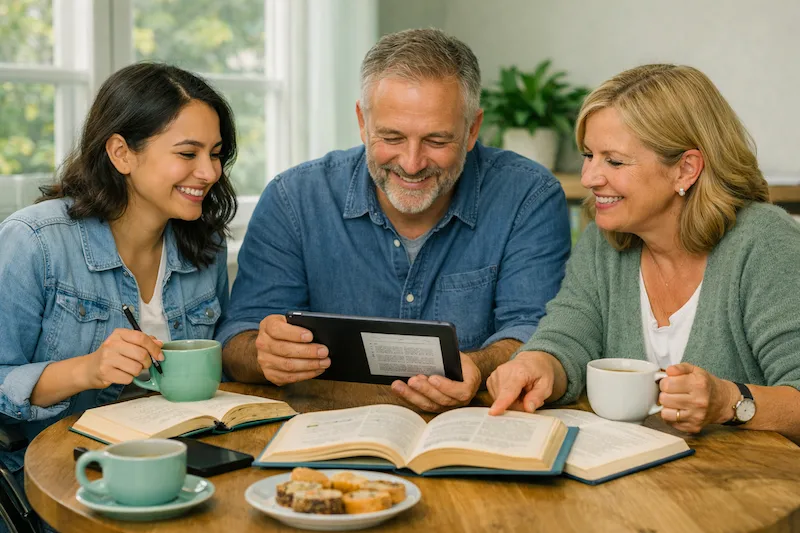 Parents looking at guidance materials together with books and a tablet