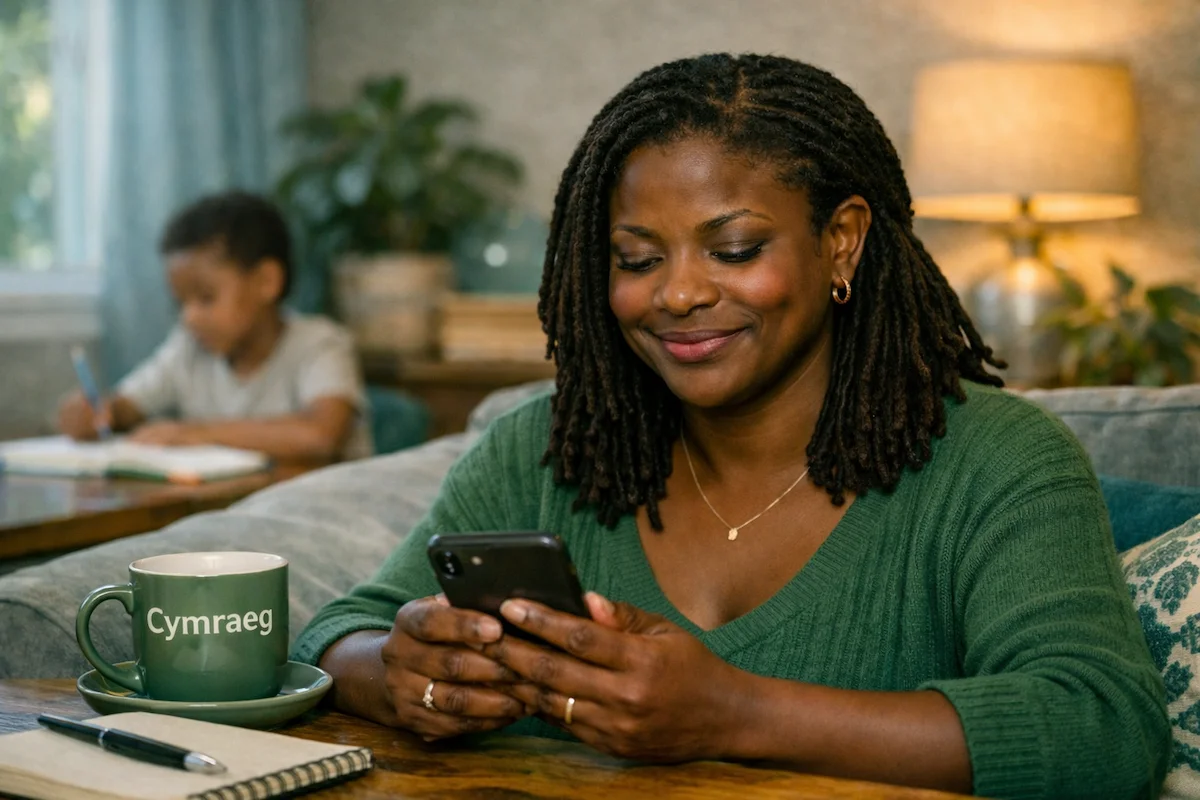 Parent using a phone to look for support while a child works in the background