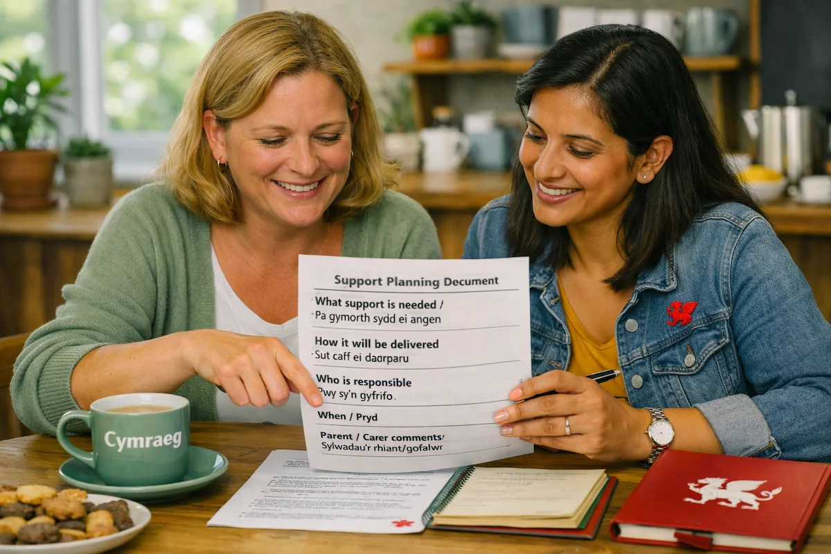 Two people reviewing a bilingual support planning document together over coffee