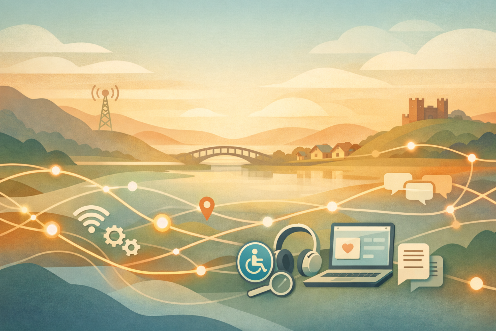 Connected digital pathways across a Welsh landscape, with accessibility, communication and technology symbols representing inclusive navigation infrastructure.